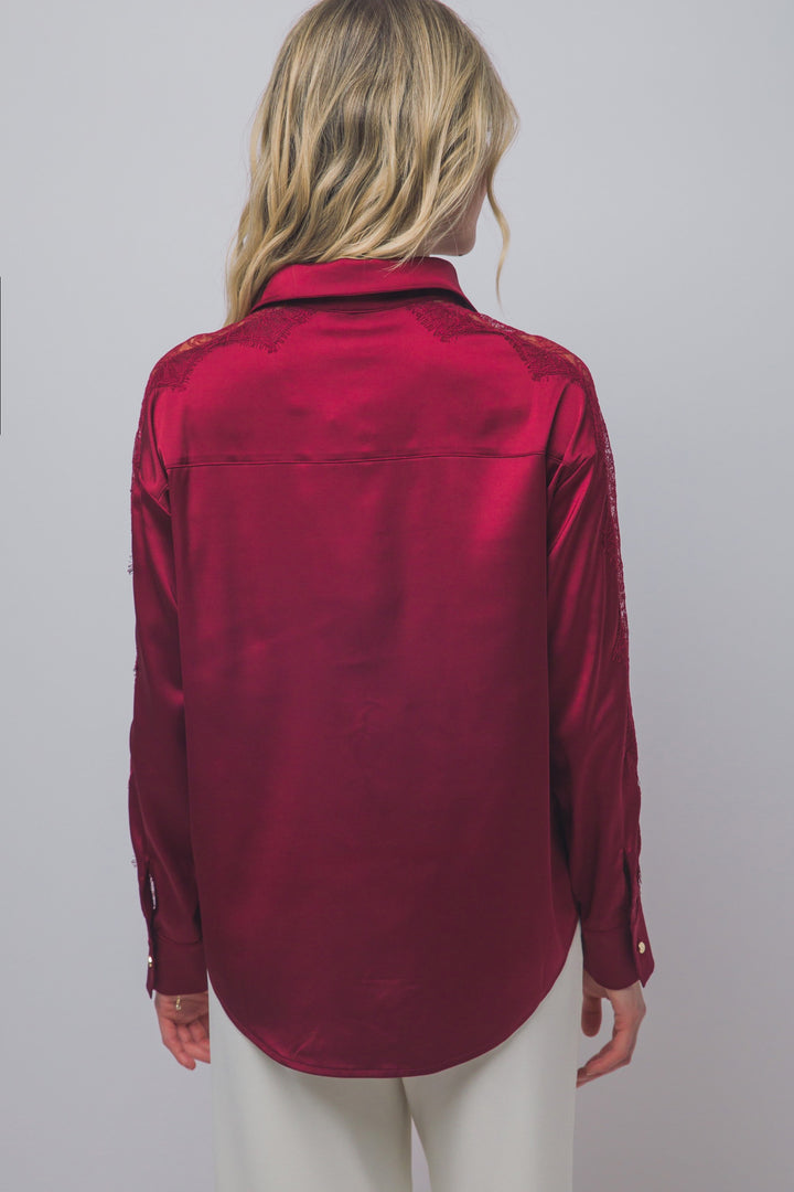 Love Tree Satin Button Down Top (Wine)