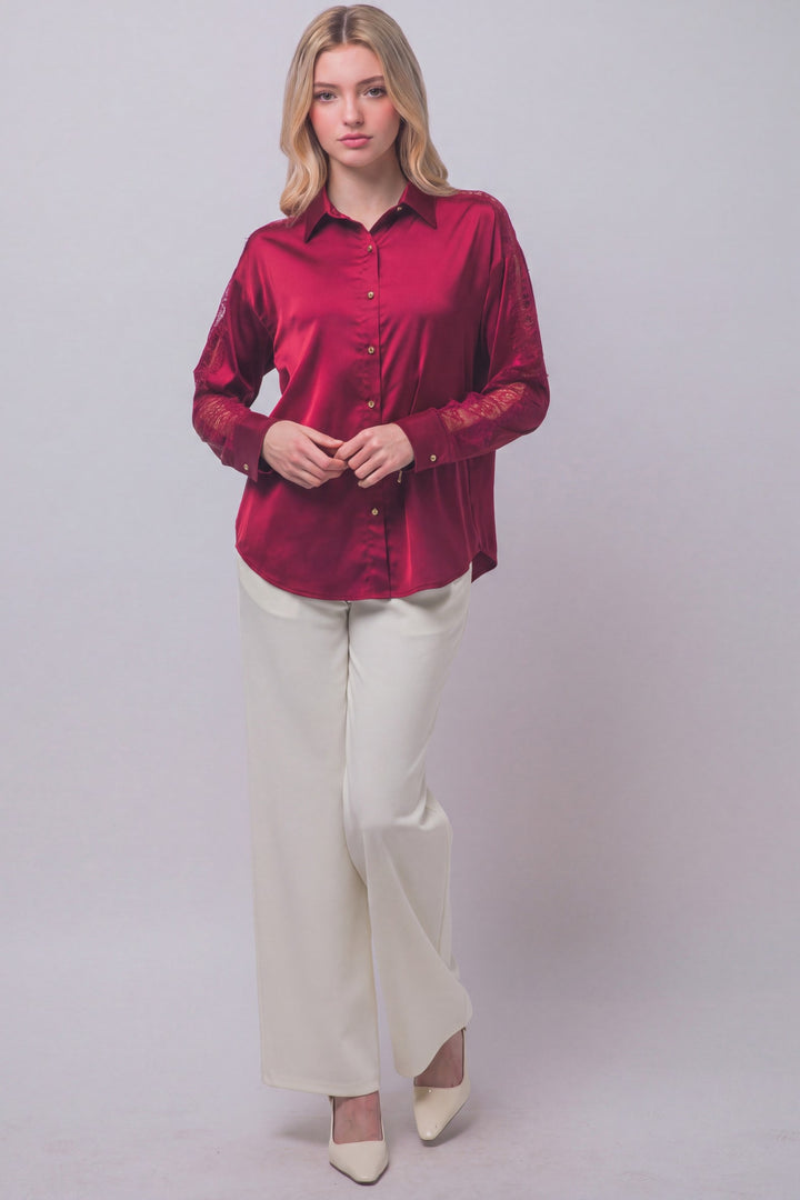 Love Tree Satin Button Down Top (Wine)