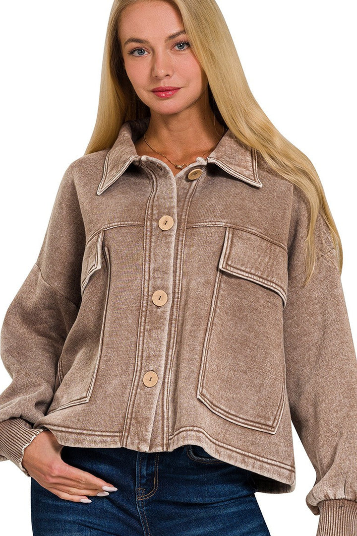 Zen Acid Wash Fleece Shacket (Mocha)