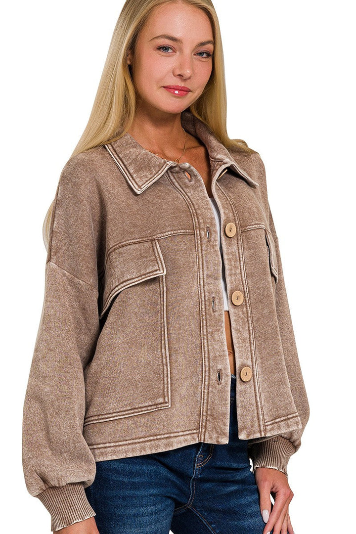 Zen Acid Wash Fleece Shacket (Mocha)