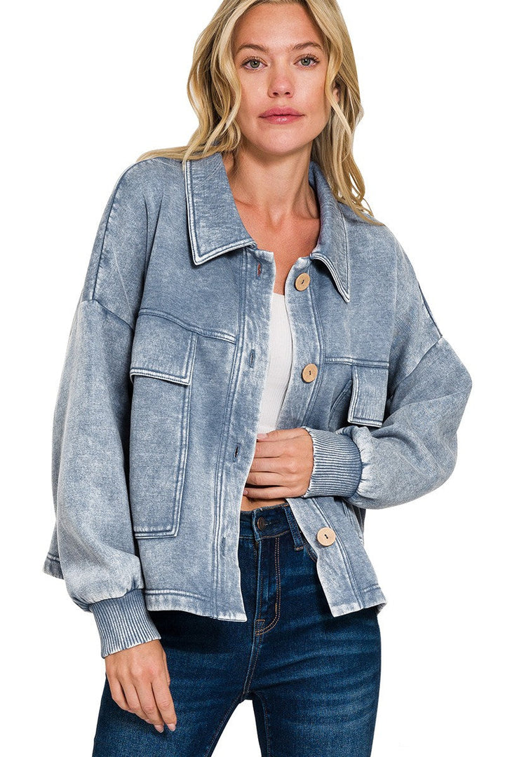 Zen Acid Wash Fleece Shacket (Dusty Blue)