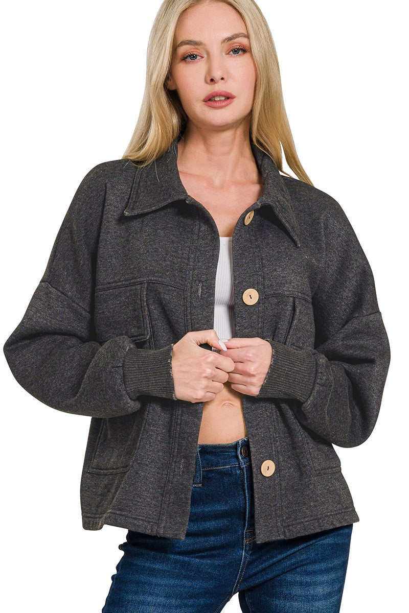 Zen Acid Wash Fleece Shacket (Black)