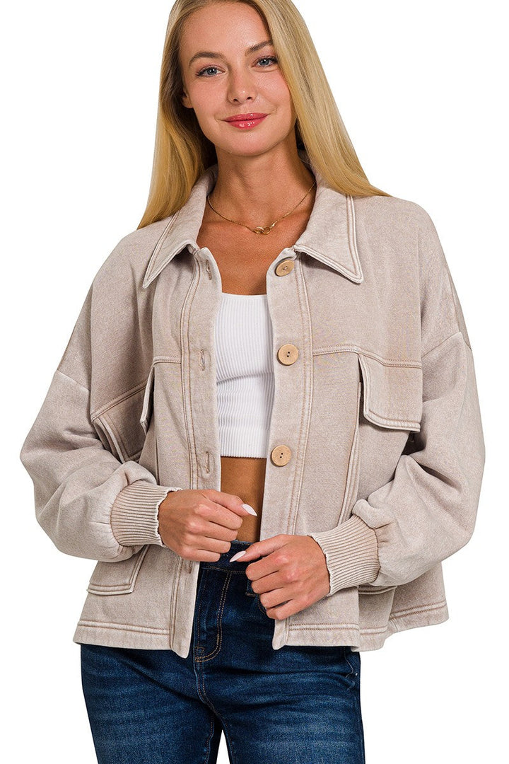 Zen Acid Wash Fleece Shacket (Ash Mocha)