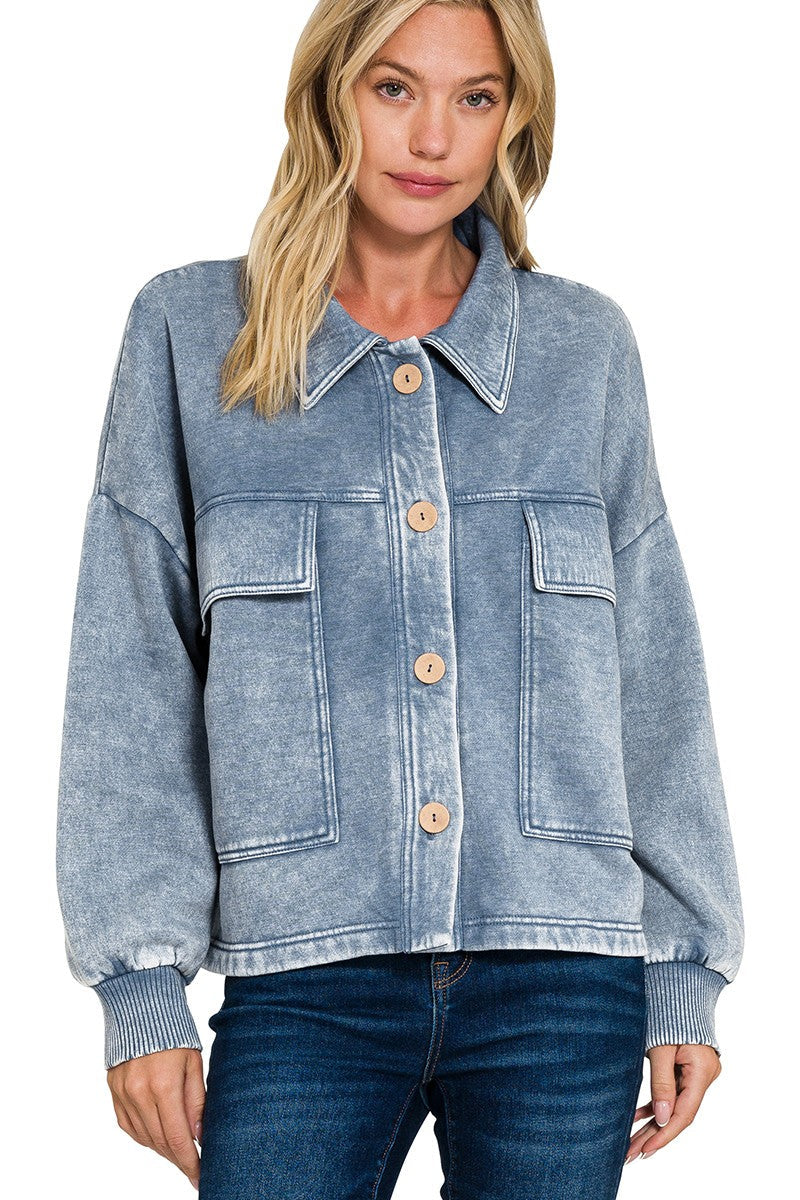 Zen Acid Wash Fleece Shacket (Dusty Blue)