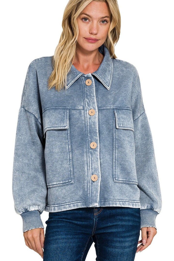 Zen Acid Wash Fleece Shacket (Dusty Blue)