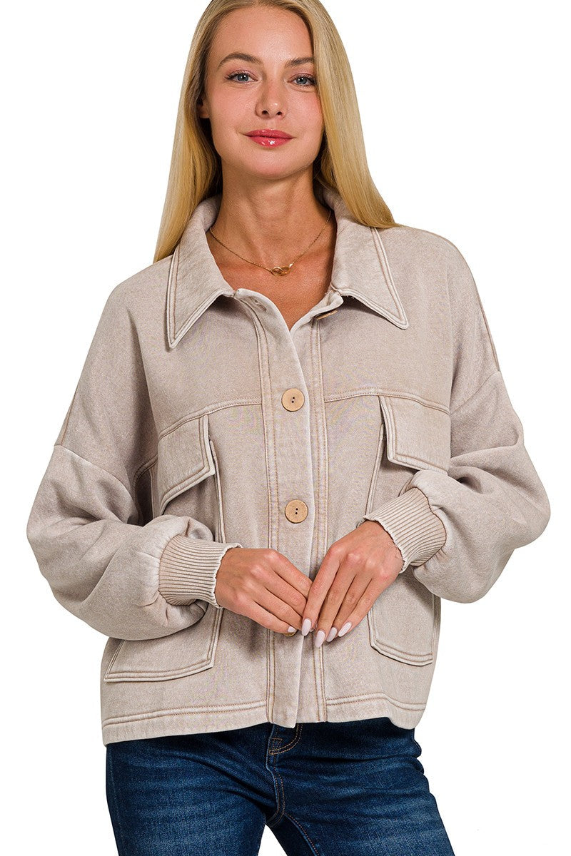 Zen Acid Wash Fleece Shacket (Ash Mocha)