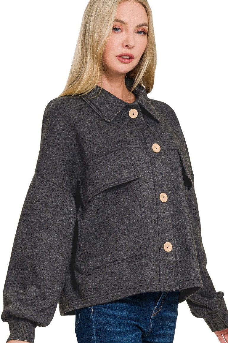 Zen Acid Wash Fleece Shacket (Black)