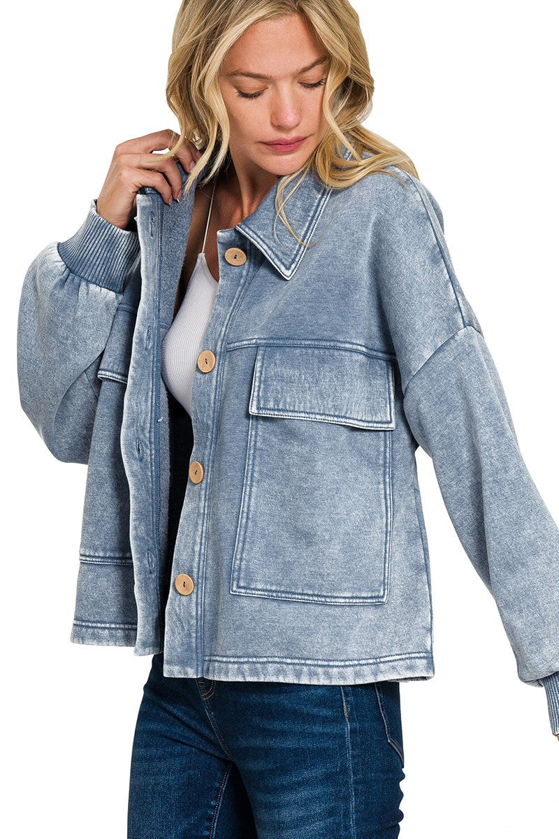 Zen Acid Wash Fleece Shacket (Dusty Blue)