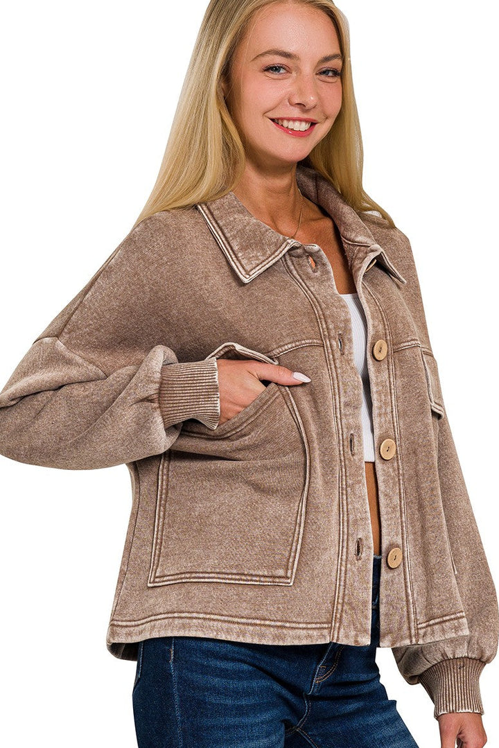 Zen Acid Wash Fleece Shacket (Mocha)