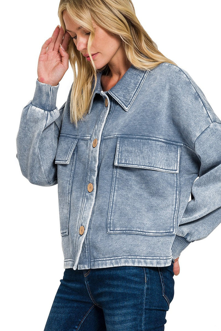 Zen Acid Wash Fleece Shacket (Dusty Blue)