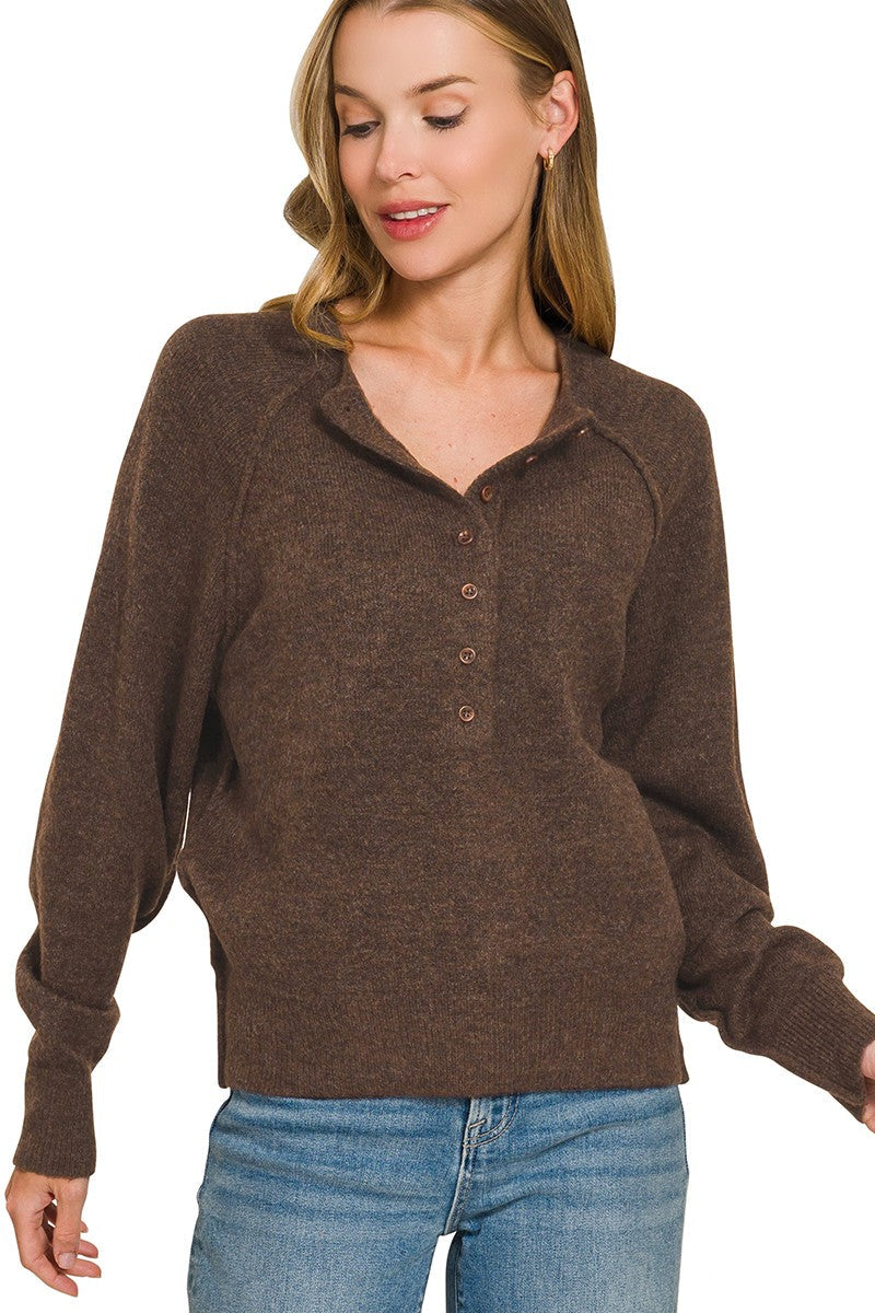 Zen Easy Fit Henley Sweater (Dark Brown)