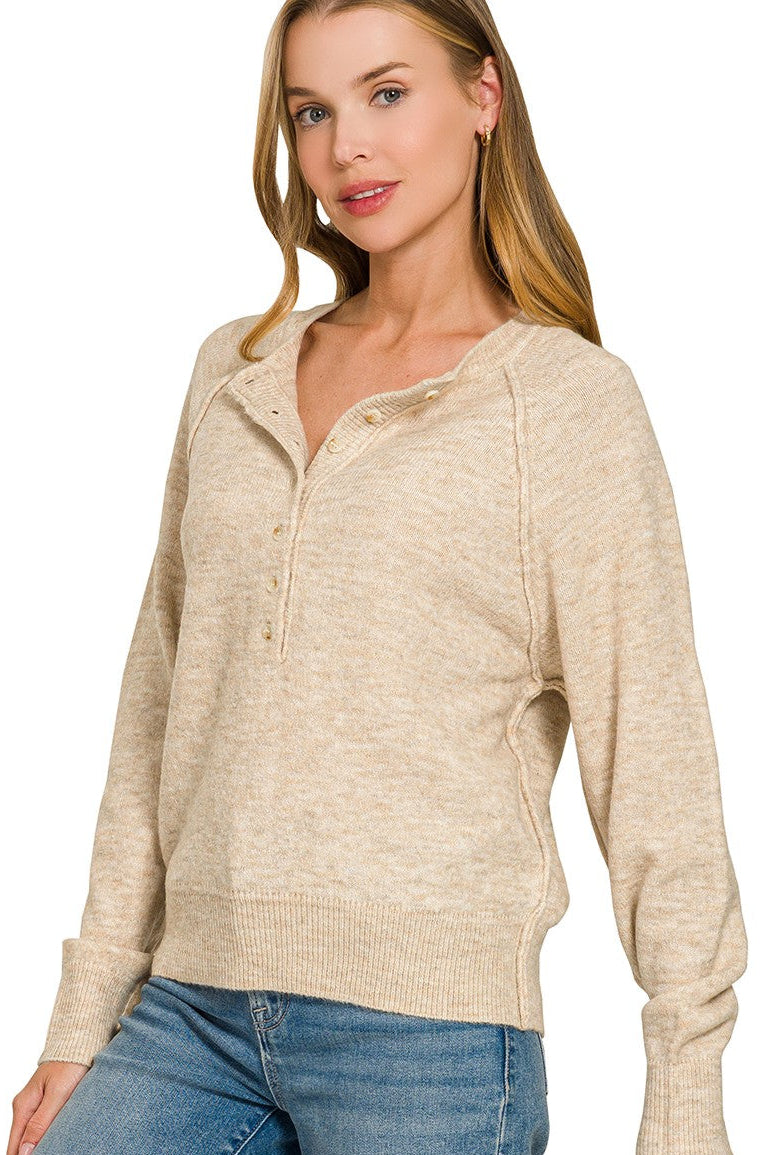 Zen Easy Fit Henley Sweater (Heather Beige)