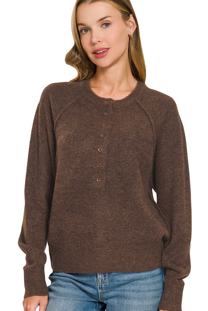 Zen Easy Fit Henley Sweater (Dark Brown)