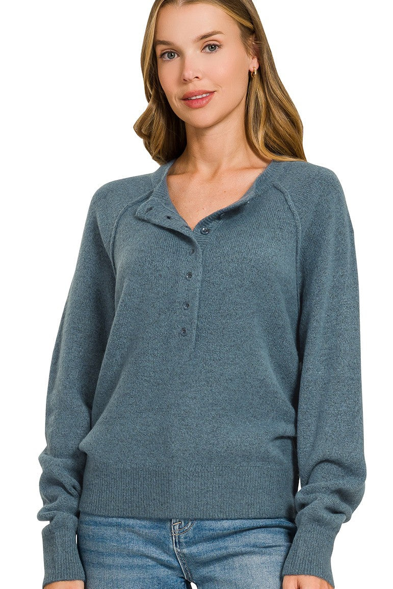 Zen Easy Fit Henley Sweater (Dusty Blue)