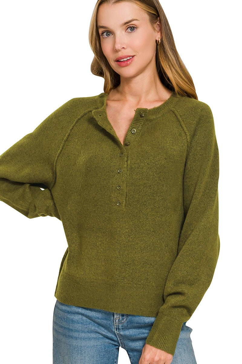 Zen Easy Fit Henley Sweater (Olive)