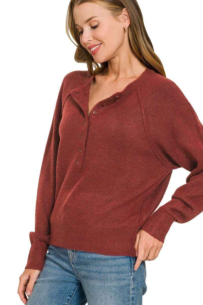 Zen Easy Fit Henley Sweater (Cabernet)