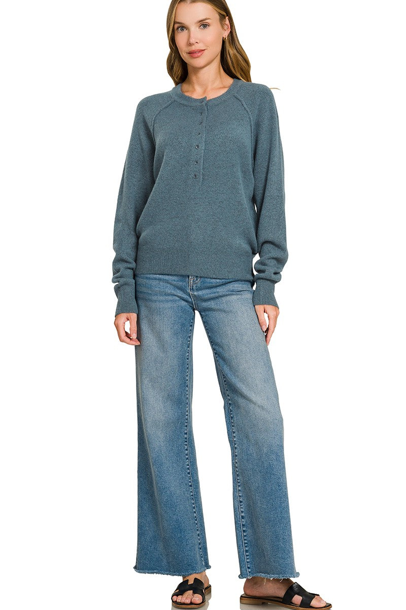 Zen Easy Fit Henley Sweater (Dusty Blue)
