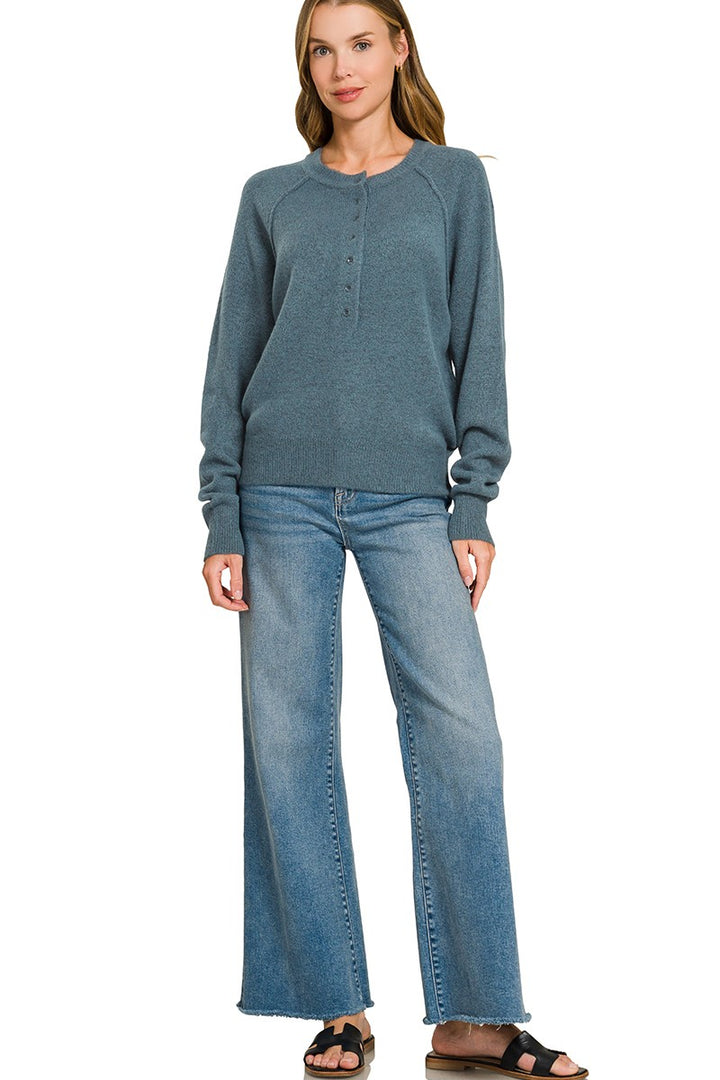 Zen Easy Fit Henley Sweater (Dusty Blue)
