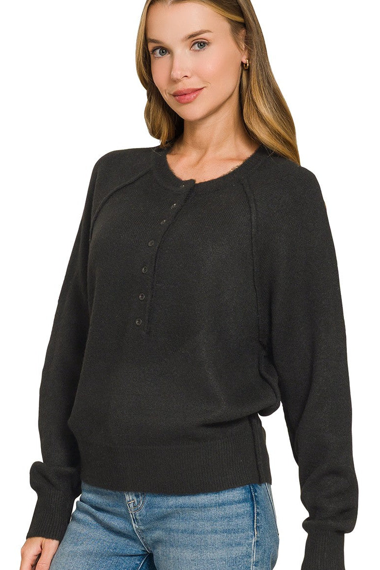 Zen Easy Fit Henley Sweater (Black)