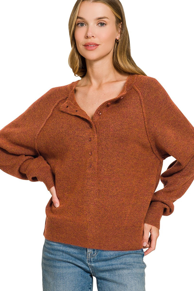 Zen Easy Fit Henley Sweater (Heather Rust)