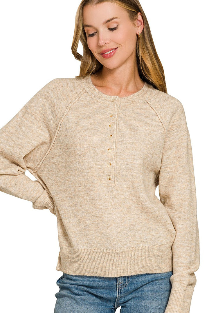Zen Easy Fit Henley Sweater (Heather Beige)