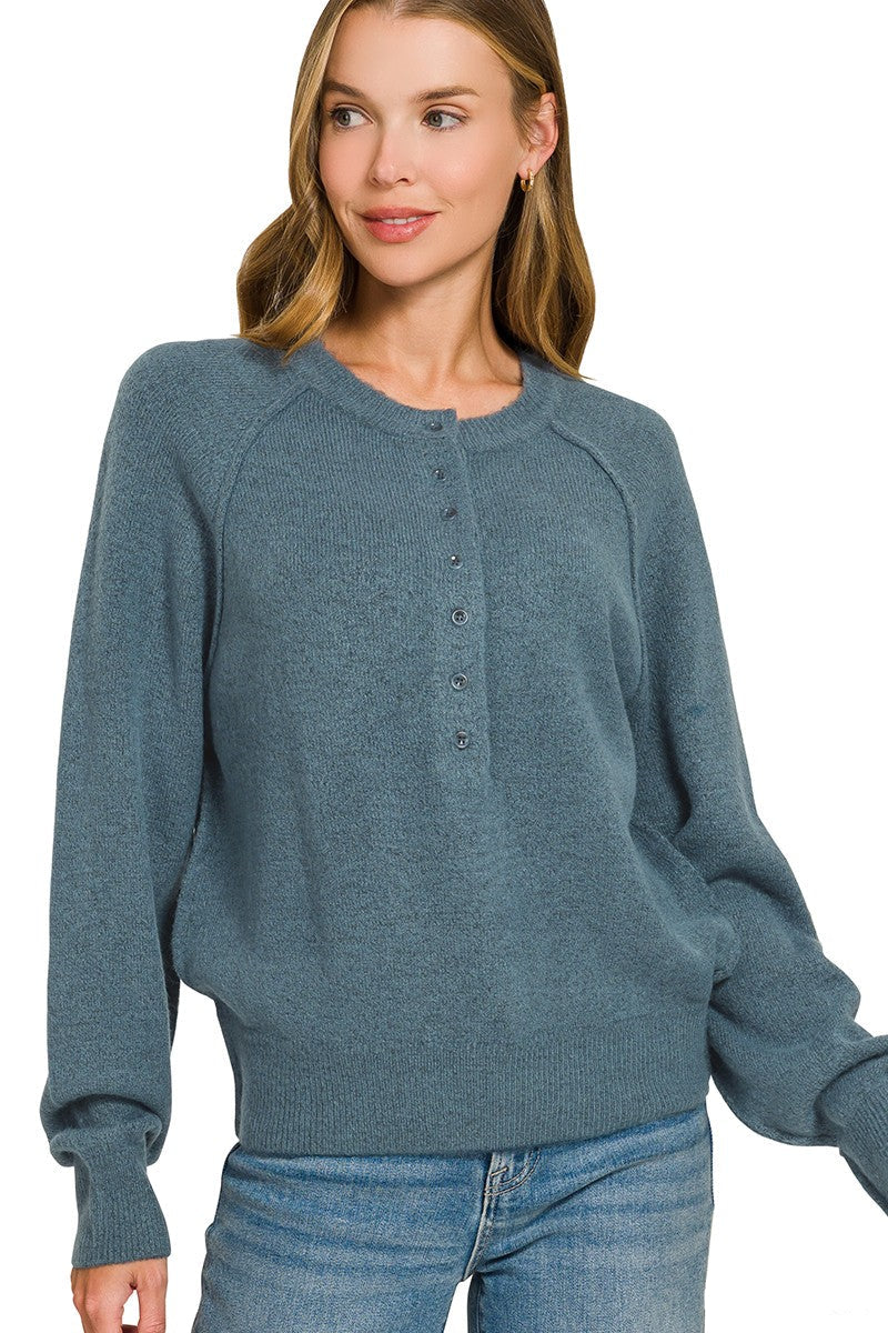 Zen Easy Fit Henley Sweater (Dusty Blue)