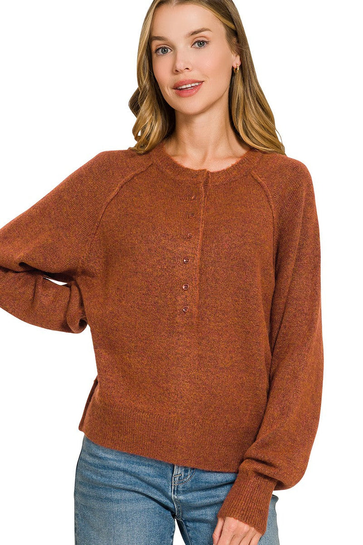 Zen Easy Fit Henley Sweater (Heather Rust)