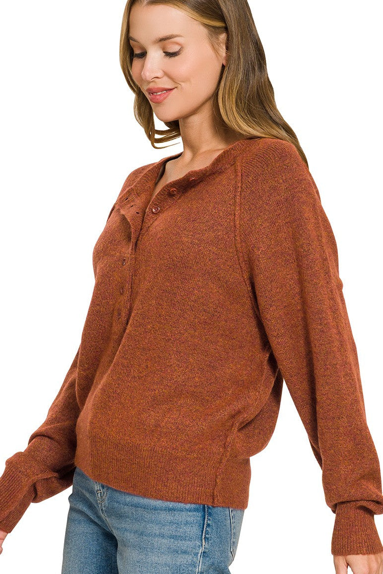 Zen Easy Fit Henley Sweater (Heather Rust)