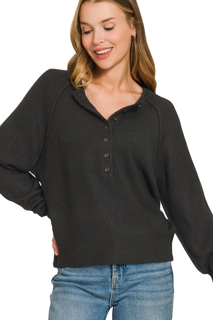 Zen Easy Fit Henley Sweater (Black)