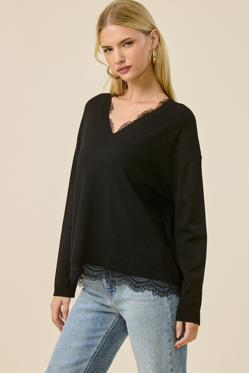 Jolie Lace V Neck Sweater (Black)