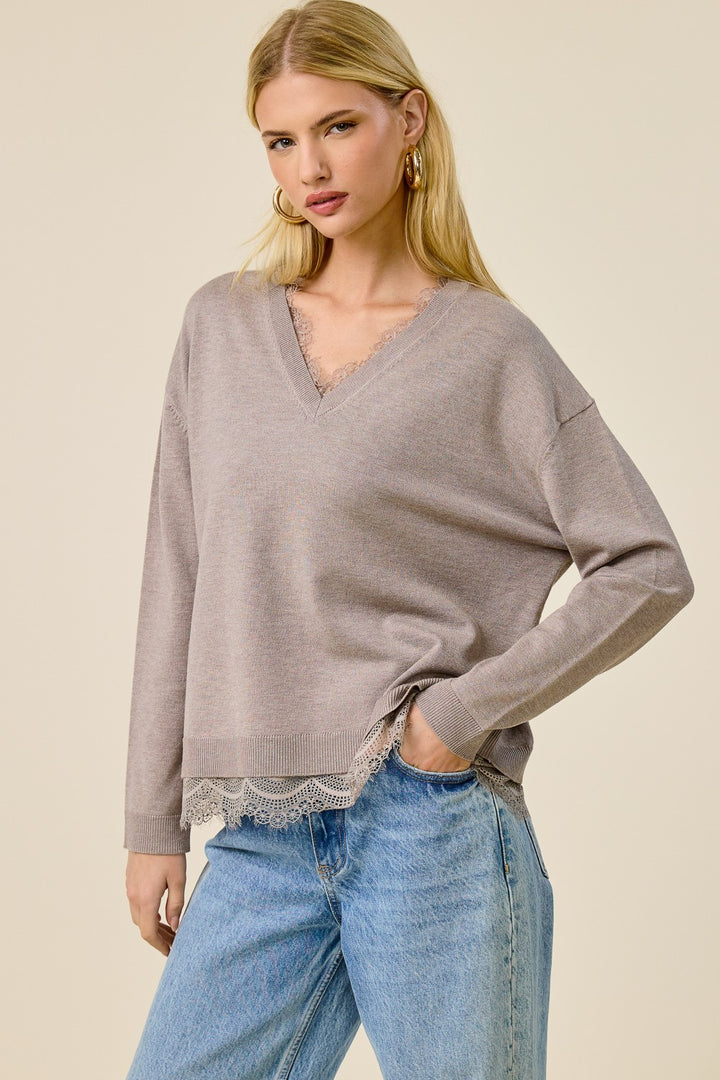 Jolie Lace V Neck Sweater (Light Mocha)