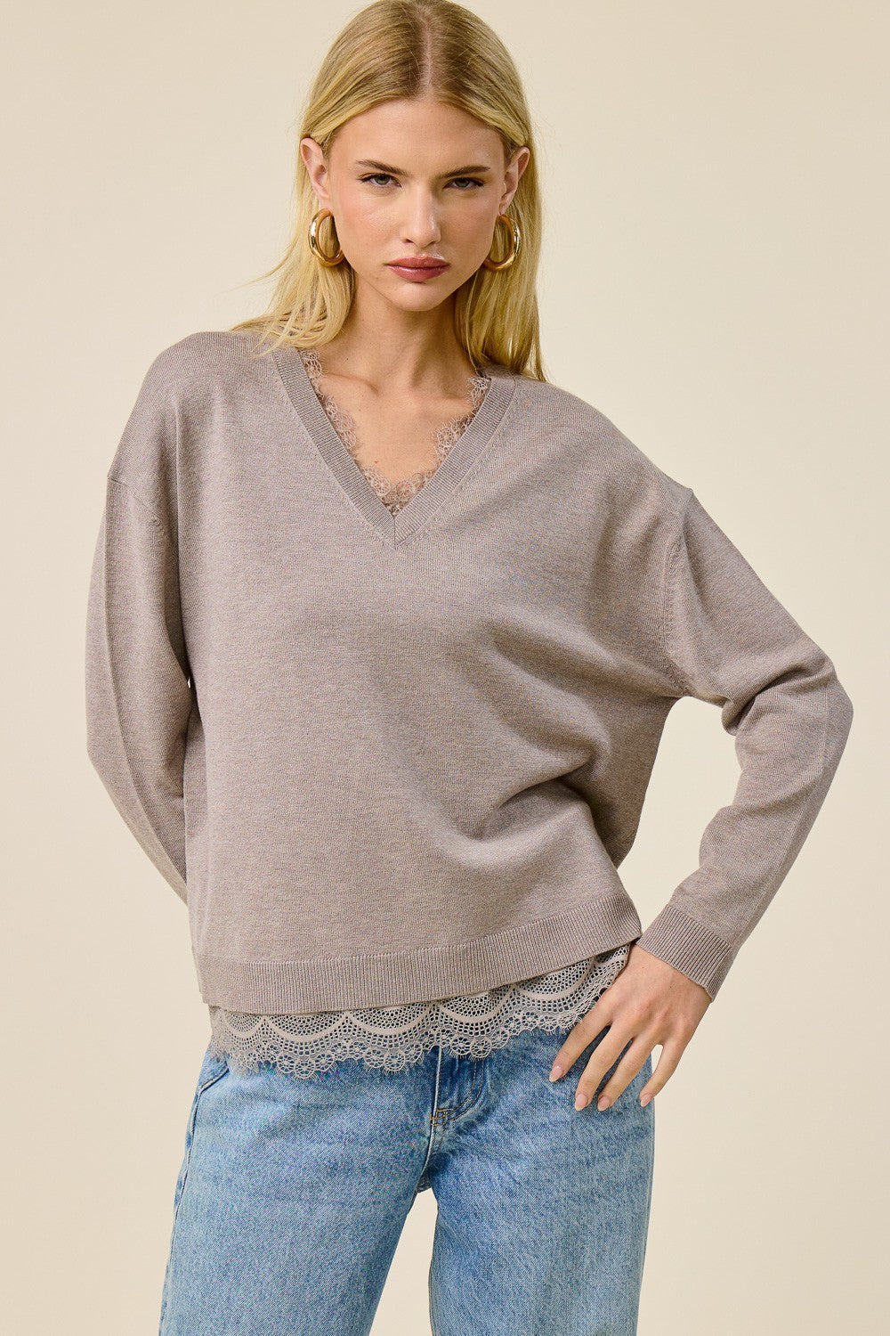 Jolie Lace V Neck Sweater (Light Mocha)