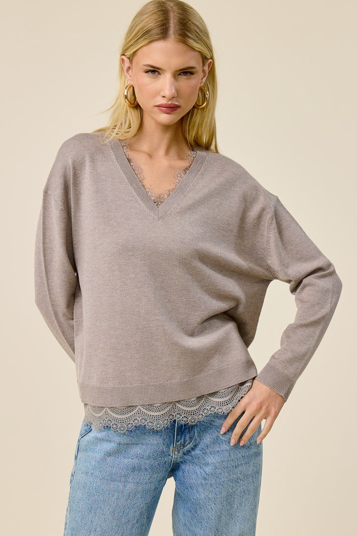 Jolie Lace V Neck Sweater (Light Mocha)