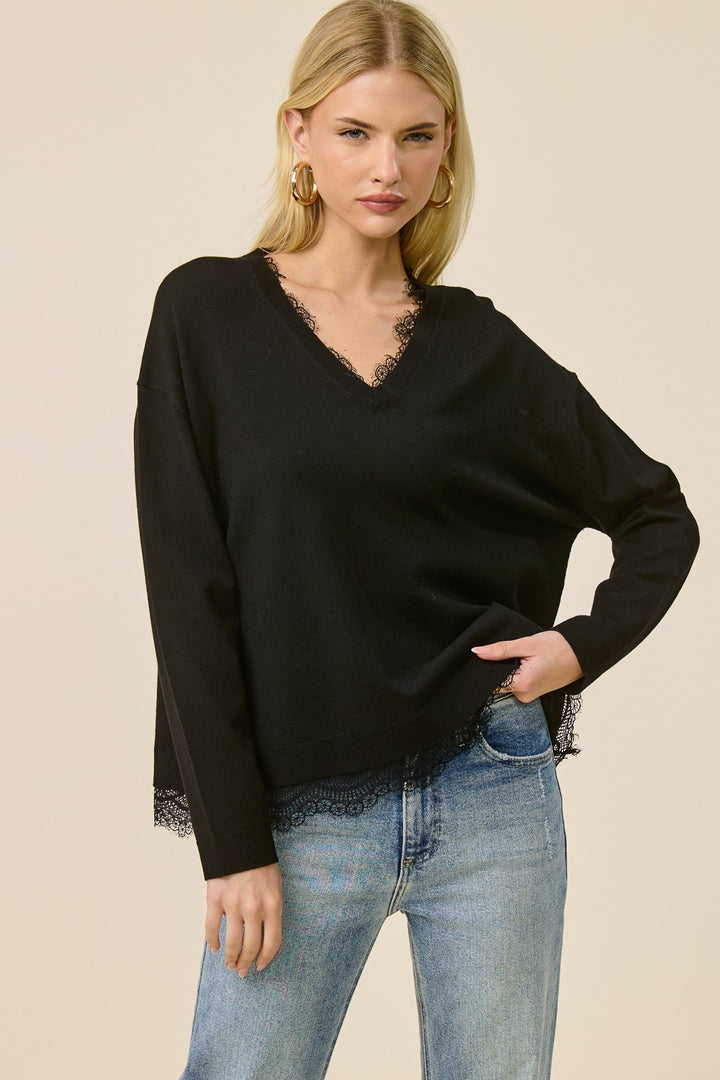 Jolie Lace V Neck Sweater (Black)
