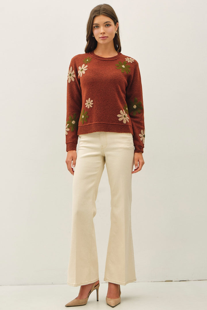 Be Cool Floral Knit Sweater (Rust)