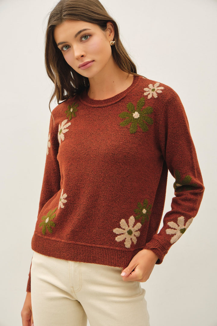 Be Cool Floral Knit Sweater (Rust)