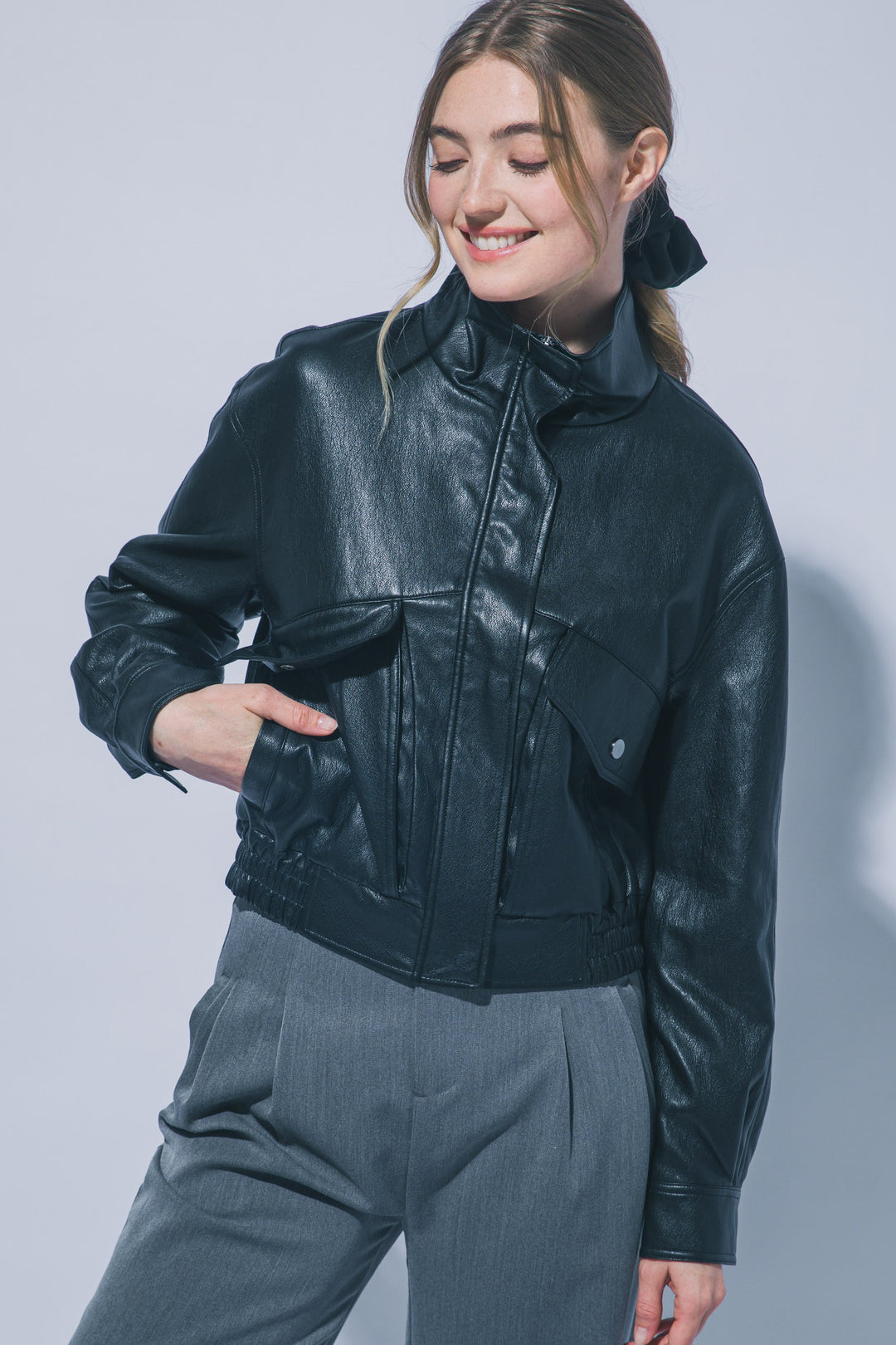 Love Tree Faux Leather Bomber Jacket
