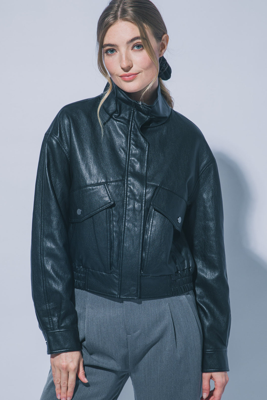 Love Tree Faux Leather Bomber Jacket