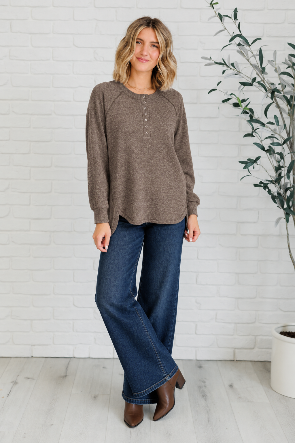 Zen Ultra Soft Button Knit Top (Chocolate)