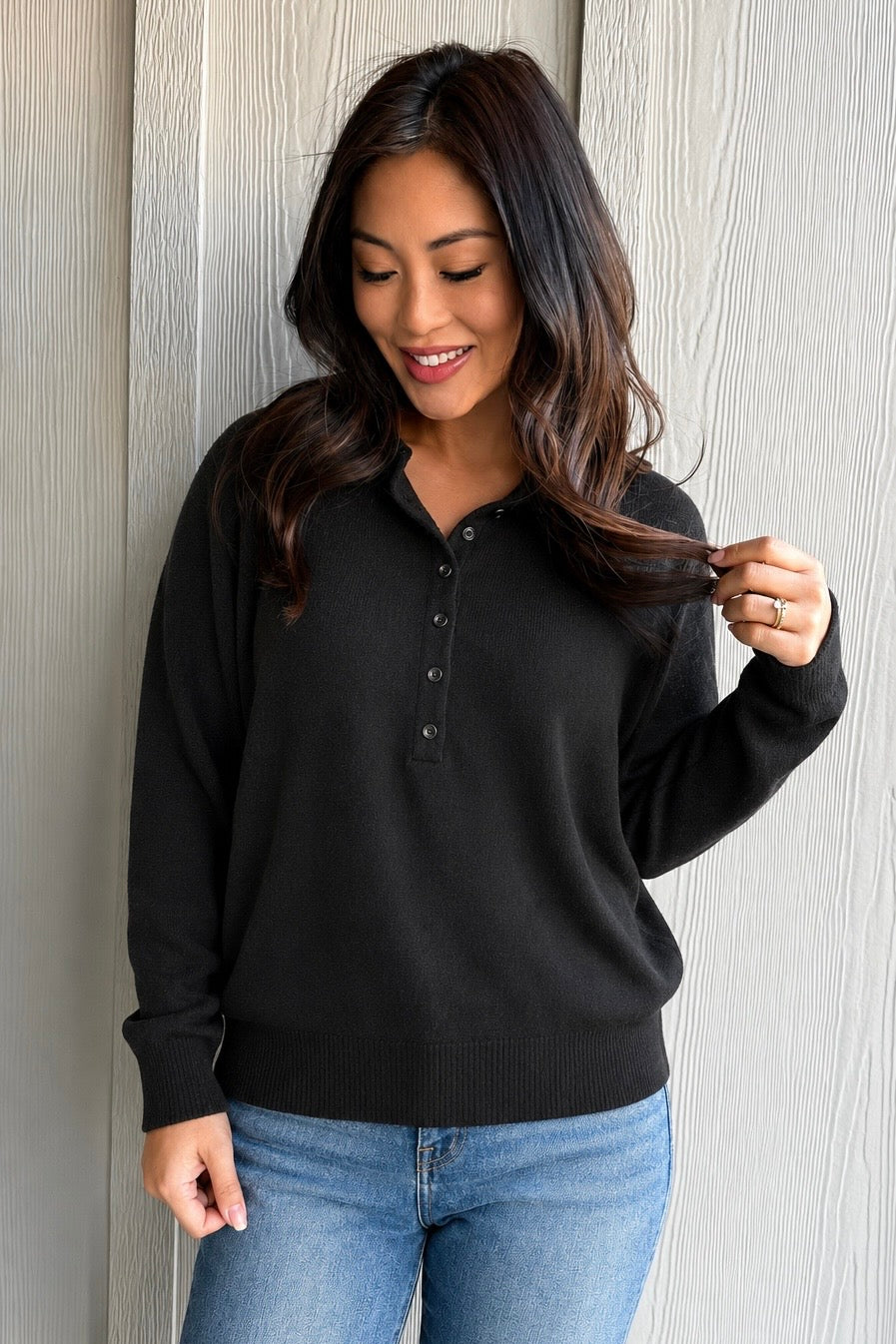 Zen Easy Fit Henley Sweater (Black)