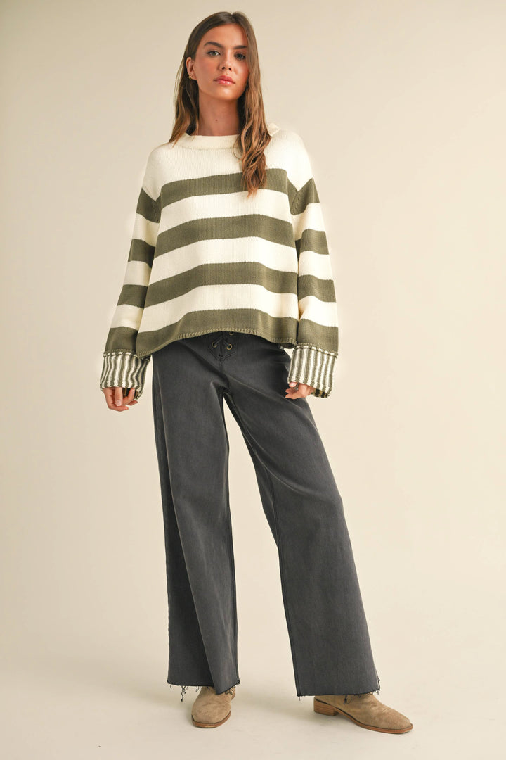 Zen Striped Cotton Sweater (Light Olive)