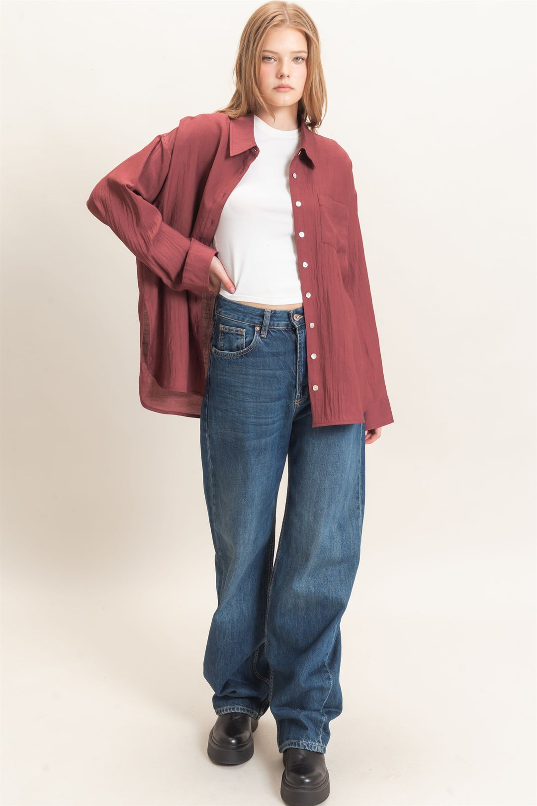 HYFVE Crinkled Button Down Shirt (Maroon)