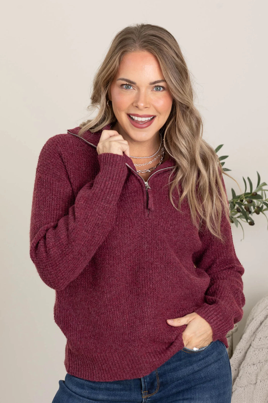 Zen Oxford Knit Zip Sweater (Cabernet)