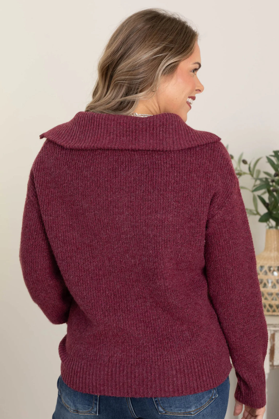 Zen Oxford Knit Zip Sweater (Cabernet)
