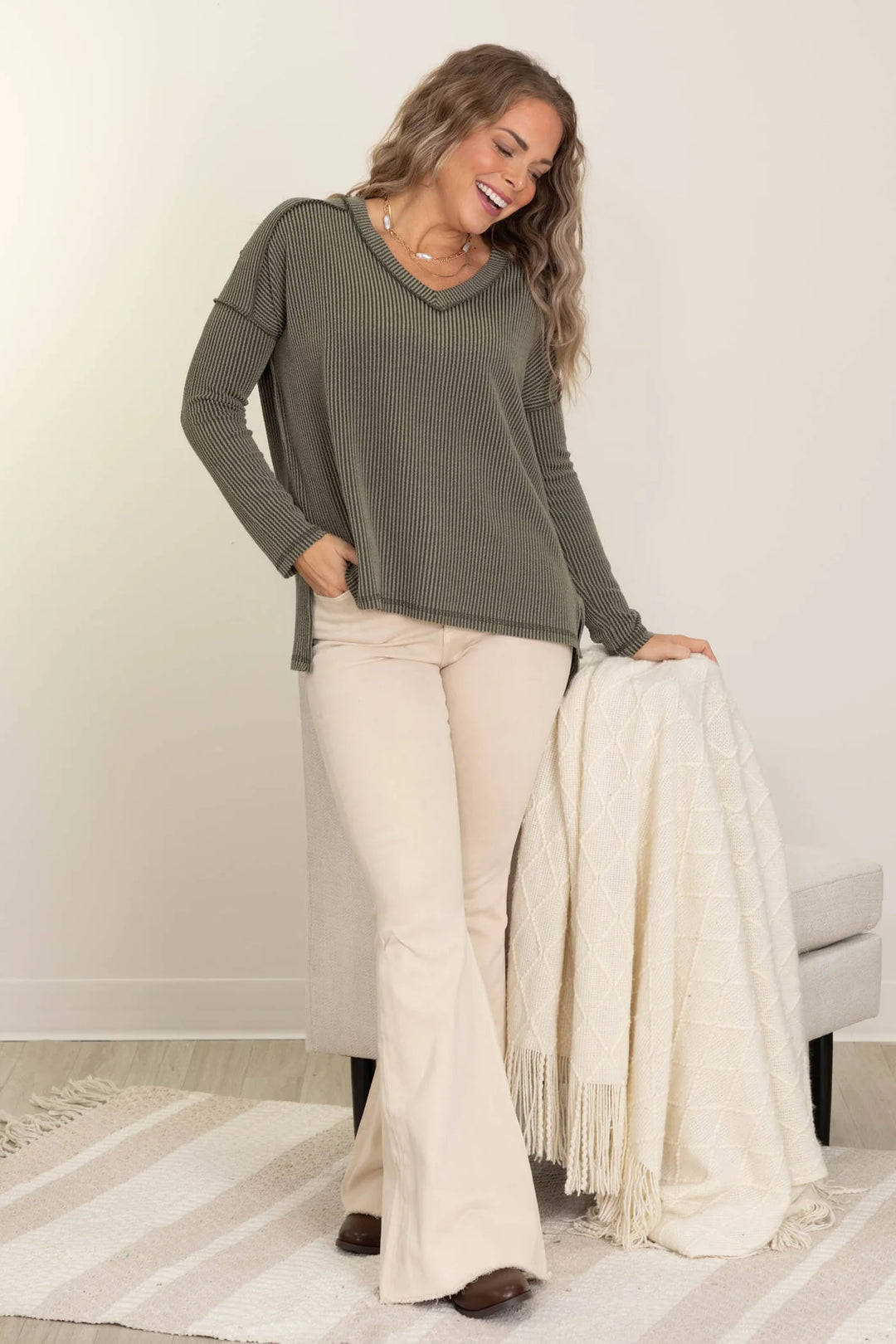 Zen Ribbed Long Sleeve Top (Dark Olive)