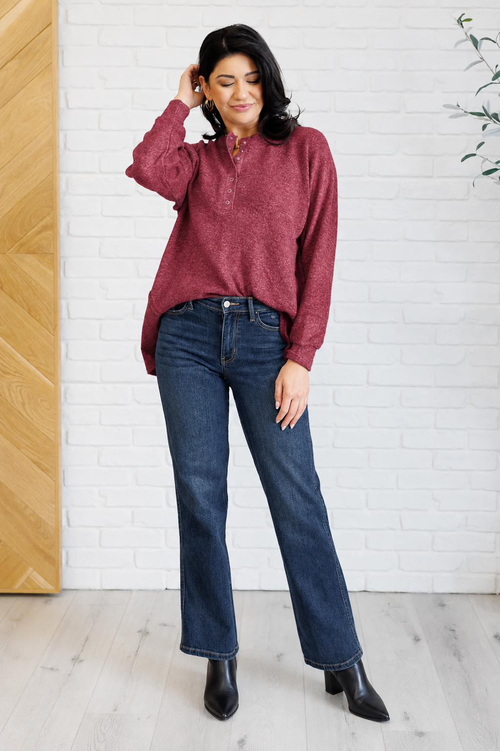 Zen Ultra Soft Button Knit Top (Dark Burgundy)