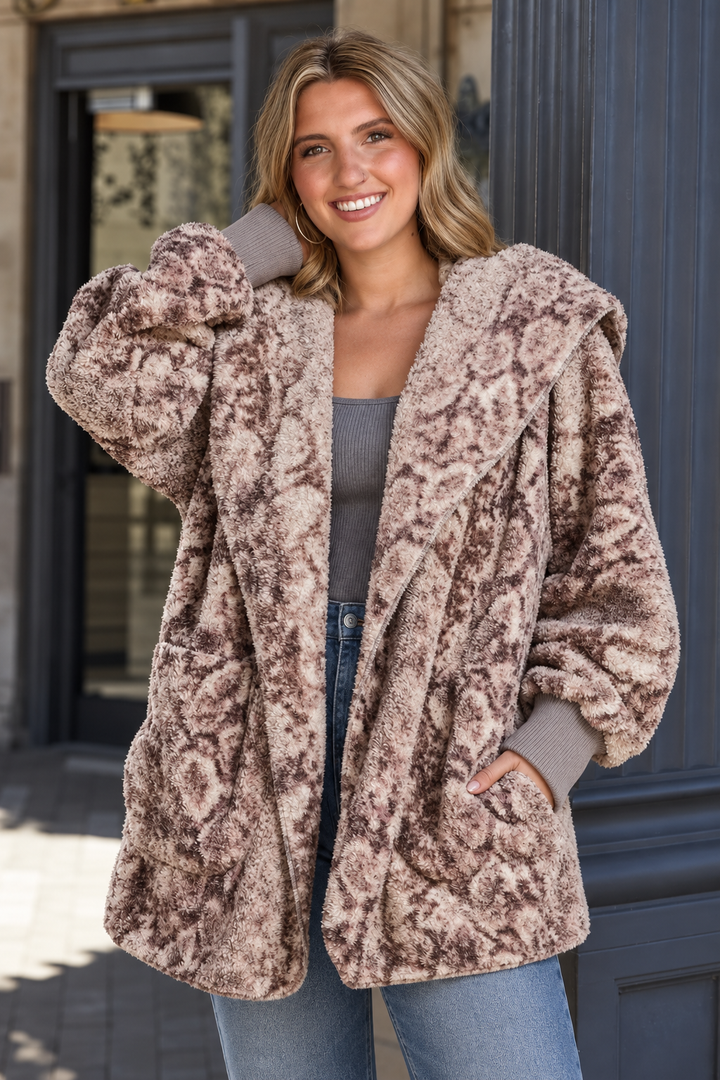 Teddy Bear Plush Cardigan (Mauve Mosaic)