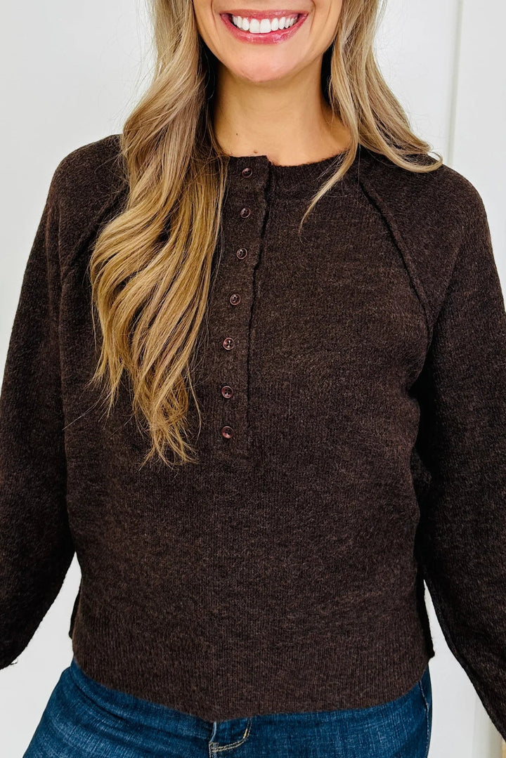 Zen Easy Fit Henley Sweater (Dark Brown)
