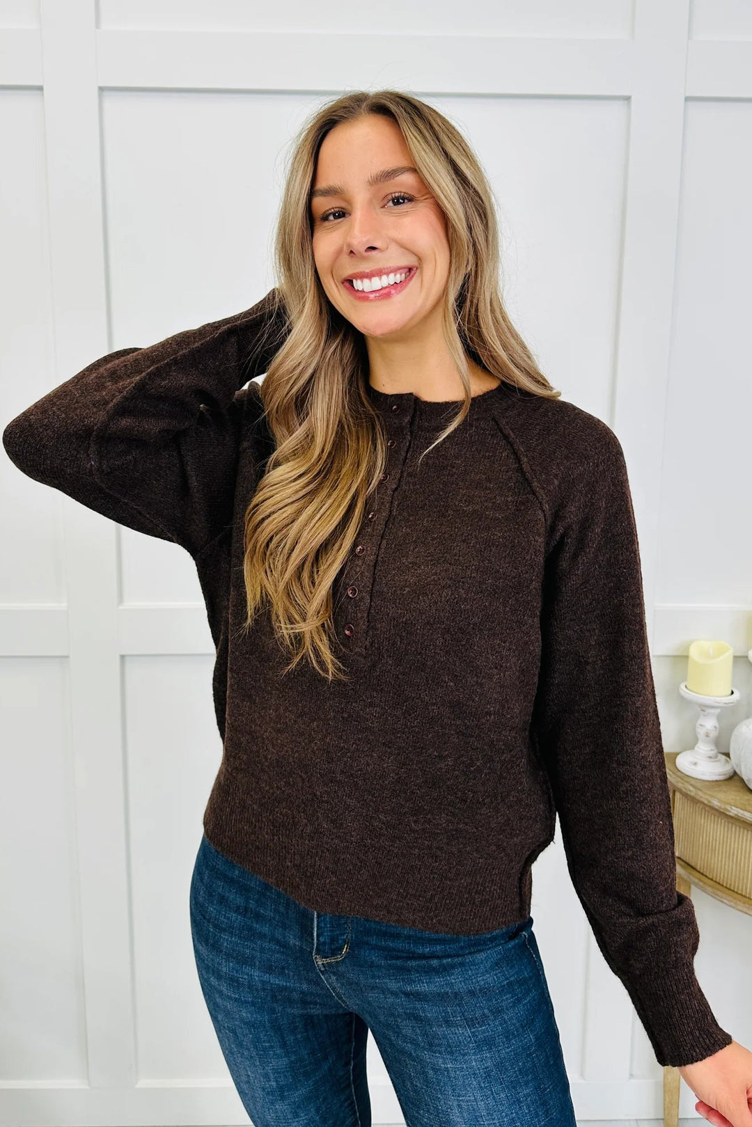 Zen Easy Fit Henley Sweater (Dark Brown)