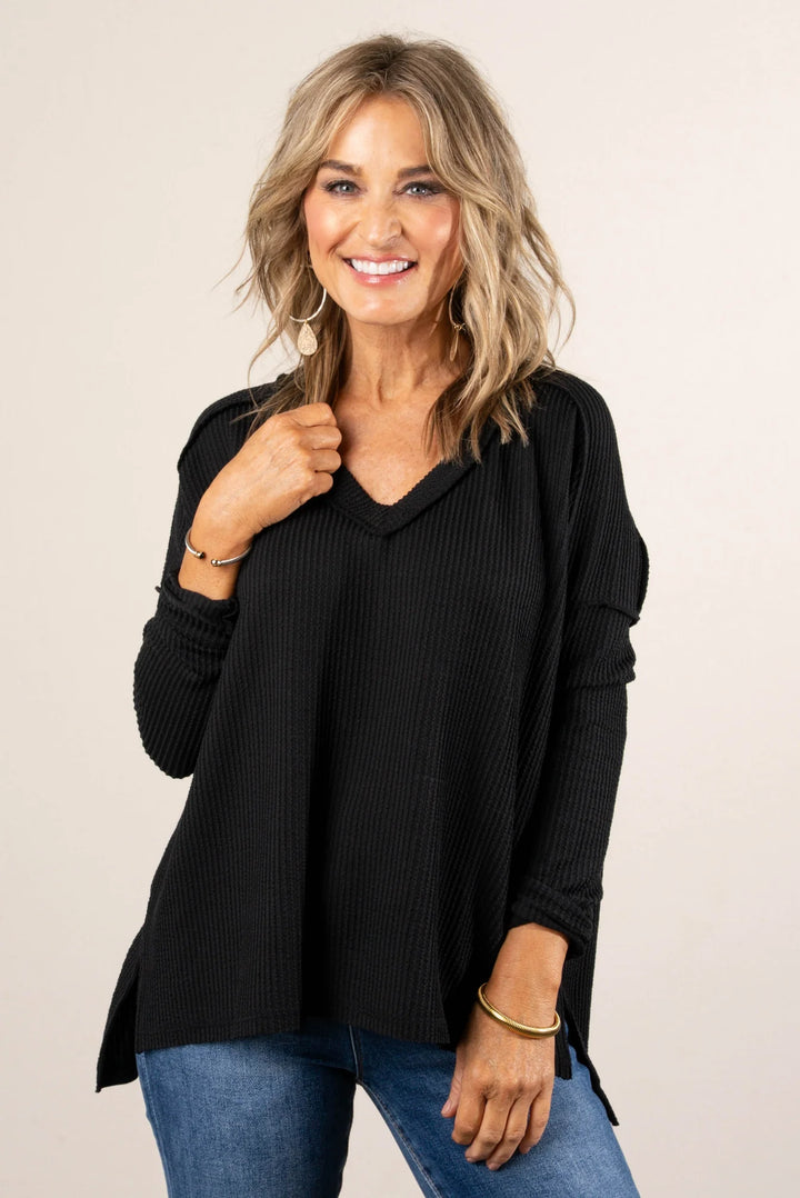 Zen Ribbed Long Sleeve Top (Black)